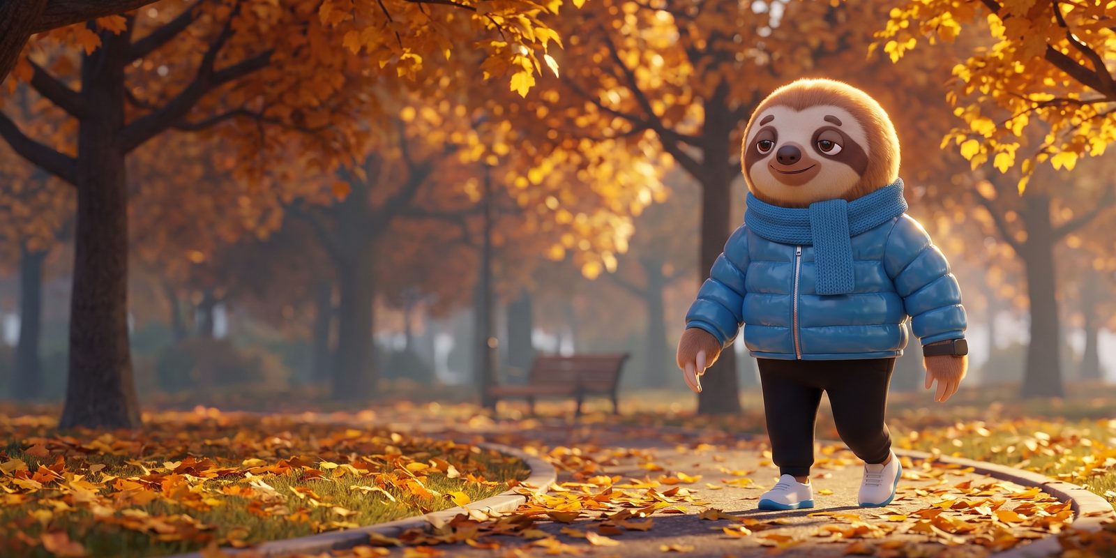 Slo in his Jacket Time puffer and scarf on an autumn path